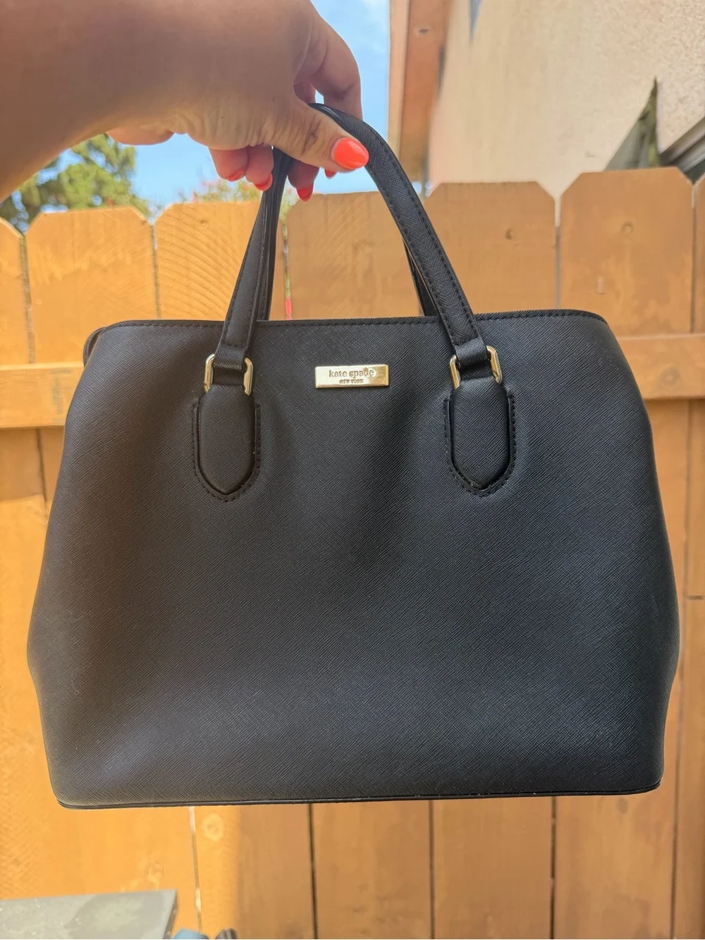 kate spade black Saffiano satchel with gold-tone logo